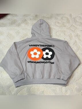 VANDYTHEPINK Grey Hoodie with Orange & Black Flower Graphic